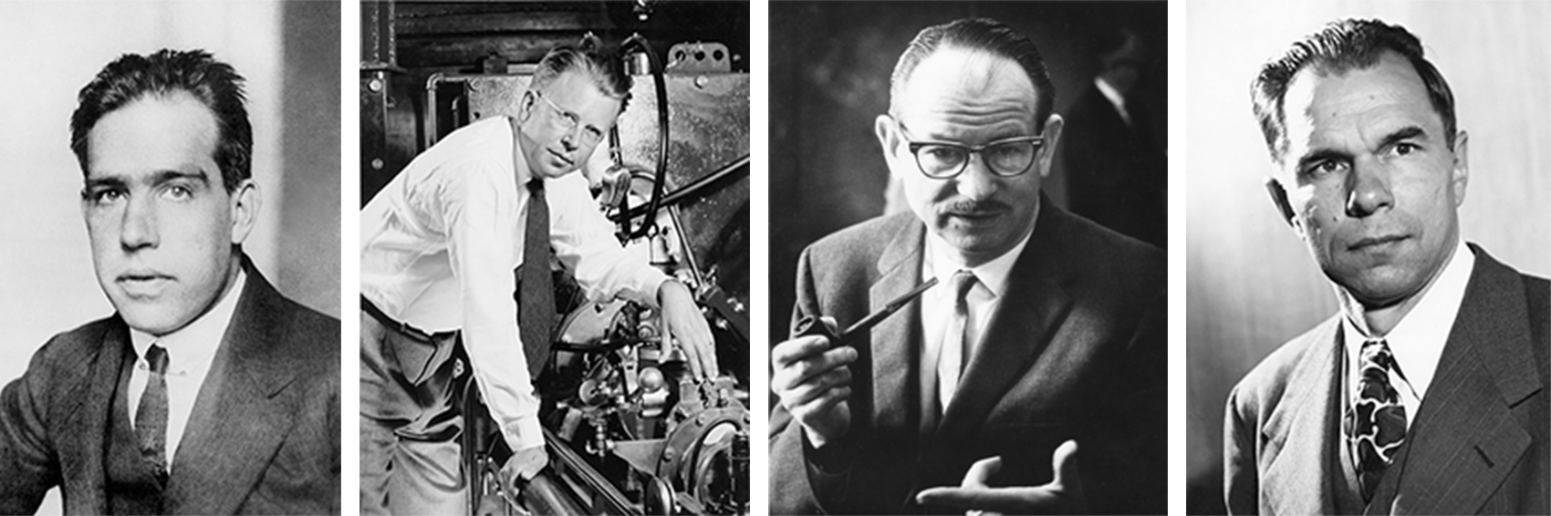 Portraits of (from left to right): Niels Bohr, Ernest Lawrence, Edwin McMillan, and Glenn Seaborg.